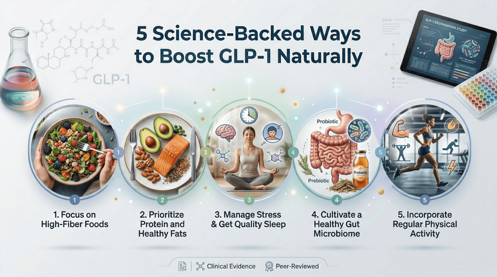 An infographic titled '5 Science-Backed Ways to Boost GLP-1 Naturally', featuring illustrations and details about high-fiber foods, protein and healthy fats, stress management, sleep, gut microbiome health, and physical activity, all supported by clinical evidence and peer-reviewed studies.
