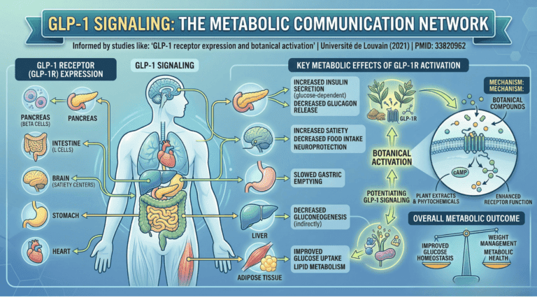 GLP-1 signaling infographic detailing the metabolic communication network across the brain, pancreas, and digestive system. The diagram illustrates GLP-1 receptor expression and the impact of botanical activation on glucose homeostasis, based on the Université de Louvain research (PMID: 33820962).