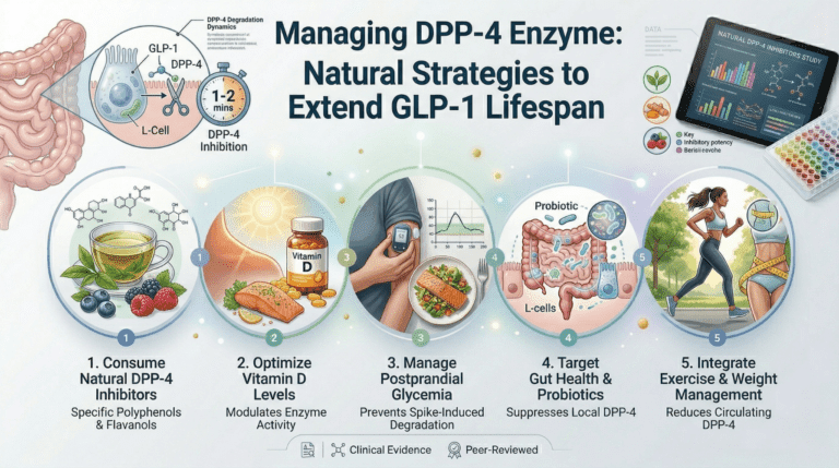 An infographic titled 'Managing DPP-4 Enzyme: Natural Strategies to Extend GLP-1 Lifespan'. The infographic is a comprehensive visual guide with illustrated and photographic components on a clean, light gradient background. In the upper left, a diagram shows the large intestine, with a close-up inset illustrating an L-cell, GLP-1 (glucagon-like peptide-1), and the DPP-4 (dipeptidyl peptidase-4) enzyme symbolized as a key, with a clock face indicating '1-2 mins' and 'DPP-4 Inhibition' below. Above this, the text 'DPP-4 Degradation Dynamics' and small illustrative icons of GLP-1 being inhibited are visible. A central heading spans the top. To the right, a tablet screen displays data under the title 'NATURAL DPP-4 INHIBITORS STUDY' with charts, graphs, and a legend for 'Key', 'Inhibitory potency', and 'Specific botanical references' (text is small and illustrative). A small well plate is next to the tablet. Below the heading, five numbered circular panels show a sequence of strategies, each with text and a visual. Panel 1 (left): Green tea cup, blueberries, and raspberries, with text: '1. Consume Natural DPP-4 Inhibitors' and 'Specific Polyphenols & Flavanols'. Chemical structures are above. Panel 2: A bright sun, fish fillet, a bottle of 'Vitamin D', and broccoli, with text: '2. Optimize Vitamin D Levels' and 'Modulates Enzyme Activity'. Panel 3: A hand holding a smartphone showing a continuous glucose monitor (CGM) reading and a plate with a healthy salmon and asparagus meal, with text: '3. Manage Postprandial Glycemia' and 'Prevents Spike-Induced Degradation'. A small glucose line graph is visible. Panel 4: A healthy gut diagram with labels for 'Probiotic' and 'L-cells', with text: '4. Target Gut Health & Probiotics' and 'Suppresses Local DPP-4'. Panel 5: A woman with a sports tank top running in a park, and a woman measuring her waist with a tape, with text: '5. Integrate Exercise & Weight Management' and 'Reduces Circulating DPP-4'. All panels are connected by flowing lines and small glowing light points. The bottom of the infographic has a footer with text and icons: 'Clinical Evidence' and 'Peer-Reviewed'.