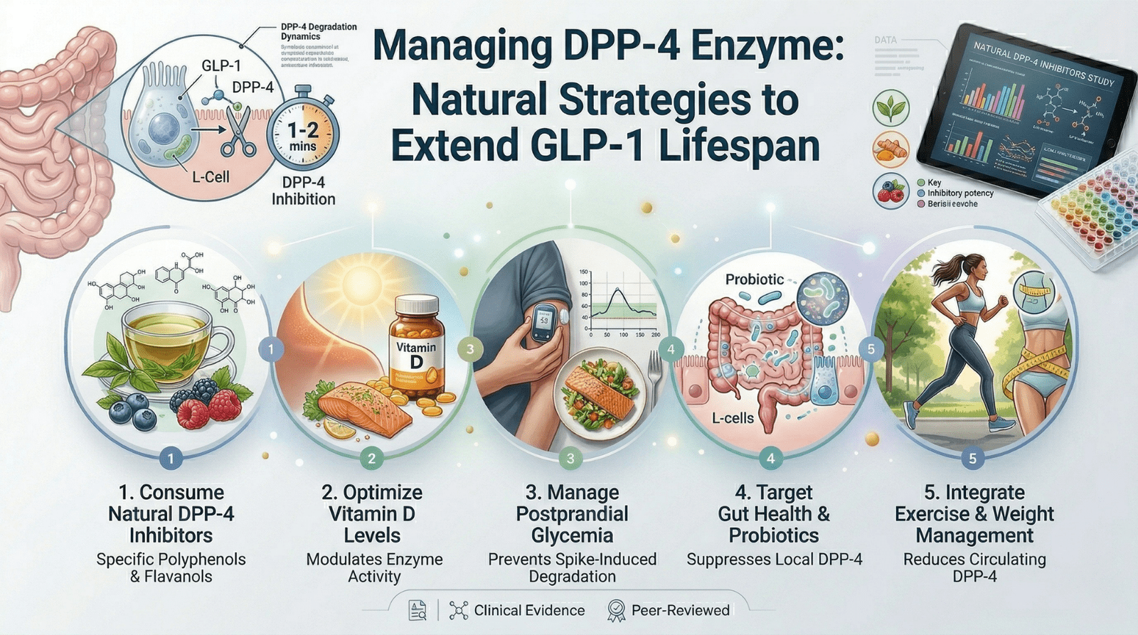 An infographic titled 'Managing DPP-4 Enzyme: Natural Strategies to Extend GLP-1 Lifespan'. The infographic is a comprehensive visual guide with illustrated and photographic components on a clean, light gradient background. In the upper left, a diagram shows the large intestine, with a close-up inset illustrating an L-cell, GLP-1 (glucagon-like peptide-1), and the DPP-4 (dipeptidyl peptidase-4) enzyme symbolized as a key, with a clock face indicating '1-2 mins' and 'DPP-4 Inhibition' below. Above this, the text 'DPP-4 Degradation Dynamics' and small illustrative icons of GLP-1 being inhibited are visible. A central heading spans the top. To the right, a tablet screen displays data under the title 'NATURAL DPP-4 INHIBITORS STUDY' with charts, graphs, and a legend for 'Key', 'Inhibitory potency', and 'Specific botanical references' (text is small and illustrative). A small well plate is next to the tablet. Below the heading, five numbered circular panels show a sequence of strategies, each with text and a visual. Panel 1 (left): Green tea cup, blueberries, and raspberries, with text: '1. Consume Natural DPP-4 Inhibitors' and 'Specific Polyphenols & Flavanols'. Chemical structures are above. Panel 2: A bright sun, fish fillet, a bottle of 'Vitamin D', and broccoli, with text: '2. Optimize Vitamin D Levels' and 'Modulates Enzyme Activity'. Panel 3: A hand holding a smartphone showing a continuous glucose monitor (CGM) reading and a plate with a healthy salmon and asparagus meal, with text: '3. Manage Postprandial Glycemia' and 'Prevents Spike-Induced Degradation'. A small glucose line graph is visible. Panel 4: A healthy gut diagram with labels for 'Probiotic' and 'L-cells', with text: '4. Target Gut Health & Probiotics' and 'Suppresses Local DPP-4'. Panel 5: A woman with a sports tank top running in a park, and a woman measuring her waist with a tape, with text: '5. Integrate Exercise & Weight Management' and 'Reduces Circulating DPP-4'. All panels are connected by flowing lines and small glowing light points. The bottom of the infographic has a footer with text and icons: 'Clinical Evidence' and 'Peer-Reviewed'.