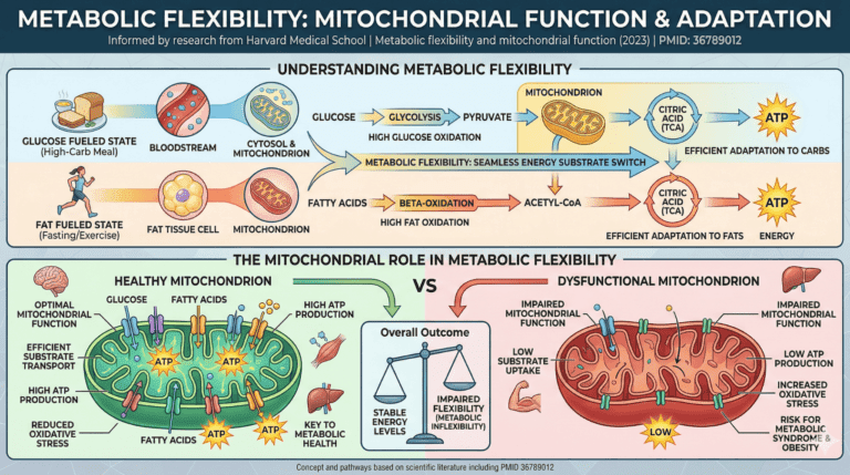 Medical infographic on metabolic flexibility and mitochondrial function, illustrating how the body switches between glucose oxidation (high-carb state) and fat oxidation (fasting/exercise state). The diagram compares a healthy mitochondrion showing efficient substrate transport and high ATP production versus a dysfunctional mitochondrion with impaired flexibility and oxidative stress, based on Harvard Medical School research (PMID: 36789012).