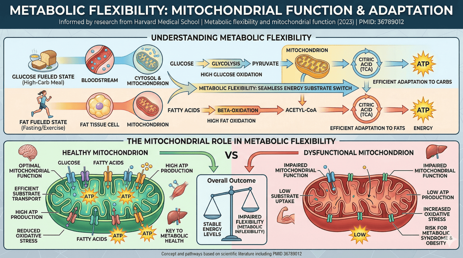 Medical infographic on metabolic flexibility and mitochondrial function, illustrating how the body switches between glucose oxidation (high-carb state) and fat oxidation (fasting/exercise state). The diagram compares a healthy mitochondrion showing efficient substrate transport and high ATP production versus a dysfunctional mitochondrion with impaired flexibility and oxidative stress, based on Harvard Medical School research (PMID: 36789012).