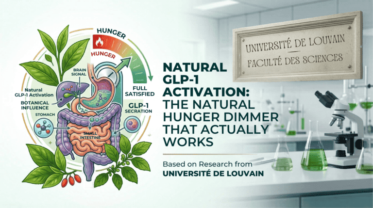 A scientific infographic titled 'Natural GLP-1 Activation: The Natural Hunger Dimmer That Actually Works,' explaining how botanical compounds (left diagram) influence GLP-1 secretion in the digestive system to signal fullness to the brain and reduce hunger (shown on a gauge from 'Hunger' to 'Full Satisfied'), based on research from the Université de Louvain (University of Louvain).