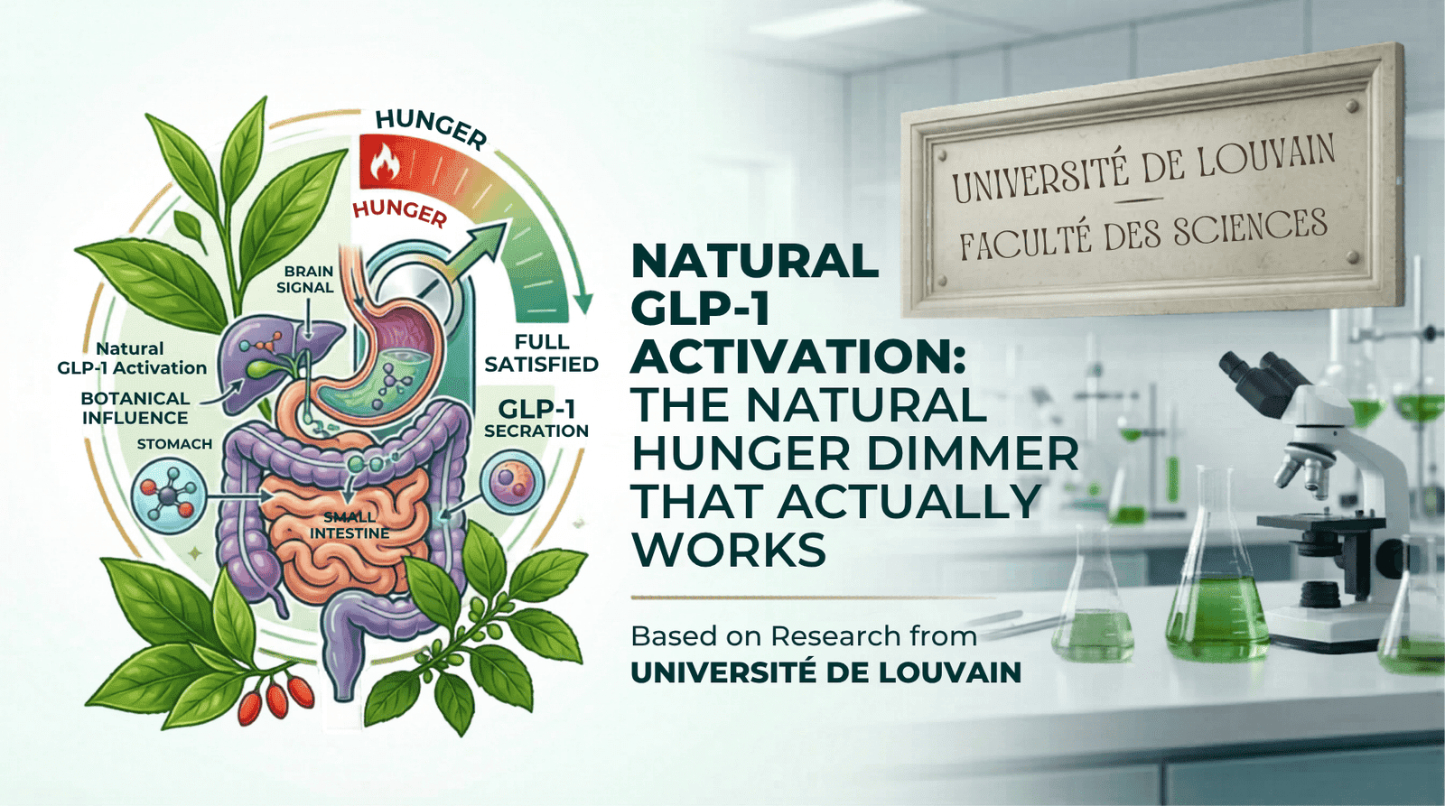 A scientific infographic titled 'Natural GLP-1 Activation: The Natural Hunger Dimmer That Actually Works,' explaining how botanical compounds (left diagram) influence GLP-1 secretion in the digestive system to signal fullness to the brain and reduce hunger (shown on a gauge from 'Hunger' to 'Full Satisfied'), based on research from the Université de Louvain (University of Louvain).