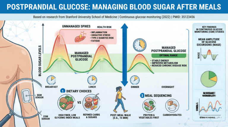 A medical infographic titled 'Postprandial Glucose: Managing Blood Sugar After Meals,' based on Stanford University research, comparing unmanaged postprandial glucose spikes with managed glucose levels. A blood sugar graph shows the sharp rise of unmanaged postprandial glucose after breakfast and lunch, highlighting health risks like inflammation, type 2 diabetes risk, and fatigue. This is contrasted with managed postprandial glucose, shown in a stable green range, leading to improved metabolism and reduced disease risk. Management strategies are illustrated, including choosing high-fiber, low-glycemic index meals over refined carbs, taking a post-meal walk, and practicing meal sequencing (protein and vegetables first). The diagram also features continuous glucose monitoring (CGM) metrics like Mean Amplitude of Glucose Excursions (MAGE), Time in Range (TIR), and Glycemic Variability to quantify and improve postprandial glucose management.