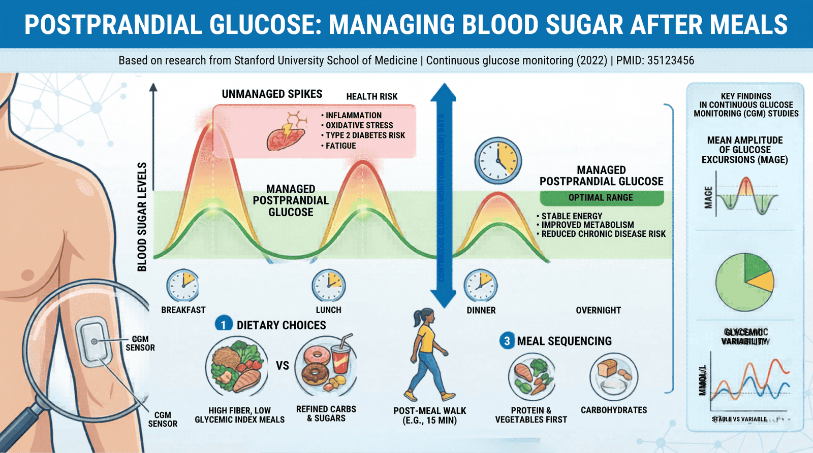 A medical infographic titled 'Postprandial Glucose: Managing Blood Sugar After Meals,' based on Stanford University research, comparing unmanaged postprandial glucose spikes with managed glucose levels. A blood sugar graph shows the sharp rise of unmanaged postprandial glucose after breakfast and lunch, highlighting health risks like inflammation, type 2 diabetes risk, and fatigue. This is contrasted with managed postprandial glucose, shown in a stable green range, leading to improved metabolism and reduced disease risk. Management strategies are illustrated, including choosing high-fiber, low-glycemic index meals over refined carbs, taking a post-meal walk, and practicing meal sequencing (protein and vegetables first). The diagram also features continuous glucose monitoring (CGM) metrics like Mean Amplitude of Glucose Excursions (MAGE), Time in Range (TIR), and Glycemic Variability to quantify and improve postprandial glucose management.