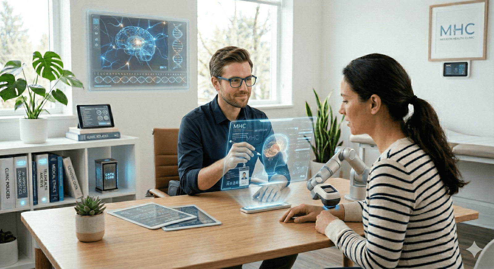 Certainly! Here is a high-quality, SEO-friendly alt text for your Privacy Policy page in English: Recommended Alt Text "A friendly IT specialist with glasses discussing digital data protection and privacy policy with a client in a modern, futuristic healthcare setting with holographic data displays.