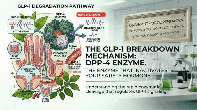 Scientific diagram of the DPP-4 enzyme mechanism showing the rapid breakdown and inactivation of the GLP-1 hormone, based on University of Copenhagen research (PMID: 241009).