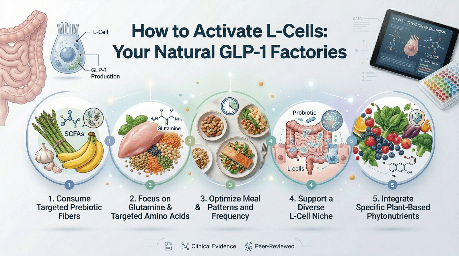 "An infographic titled 'How to Activate L-Cells: Your Natural GLP-1 Factories', providing science-backed strategies. It features illustrated and photographic sections with detailed descriptions: 1. Consume Targeted Prebiotic Fibers (Asparagus, Garlic, Bananas with SCFA molecule and bacteria), 2. Focus on Glutamine & Targeted Amino Acids (Chicken, Legumes with Glutamine molecule), 3. Optimize Meal Patterns and Frequency (Nuts, Salmon salad with clock icons), 4. Support a Diverse L-Cell Niche (Intestinal diagram with L-cells and probiotic icon), and 5. Integrate Specific Plant-Based Phytonutrients (Berries, Spinach, Broccoli with Phytonutrient molecule). The infographic includes biological diagrams of L-cells and GLP-1 production, a tablet displaying mechanism data, a medical lab plate, a large illustration of the intestines, and a footer noting clinical evidence and peer-reviewed studies, all set on a clean, light gradient background with glowing data points.