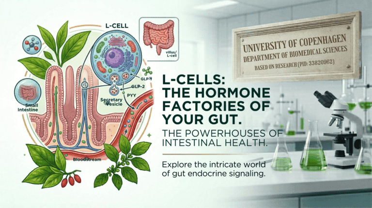 Medical diagram of L-cells in the small intestine acting as hormone factories, secreting GLP-1, GLP-2, and PYY into the bloodstream, based on University of Copenhagen research (PMID: 33820962).