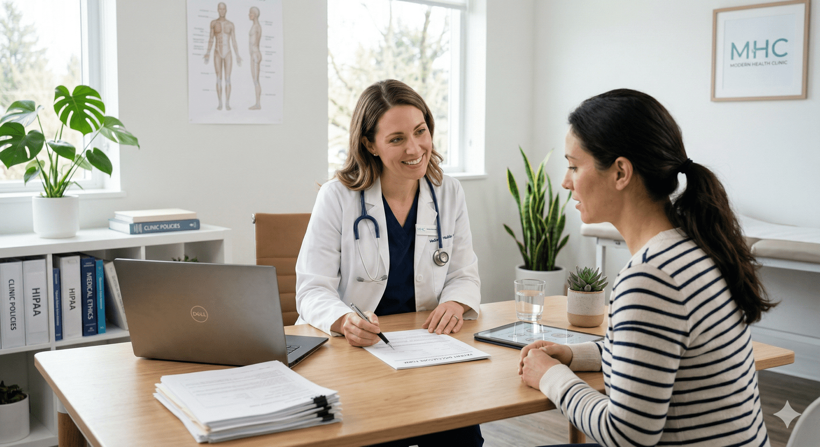A female doctor in a white lab coat sitting at a desk in a bright, modern office, discussing medical disclaimer forms and patient disclosures with a woman.